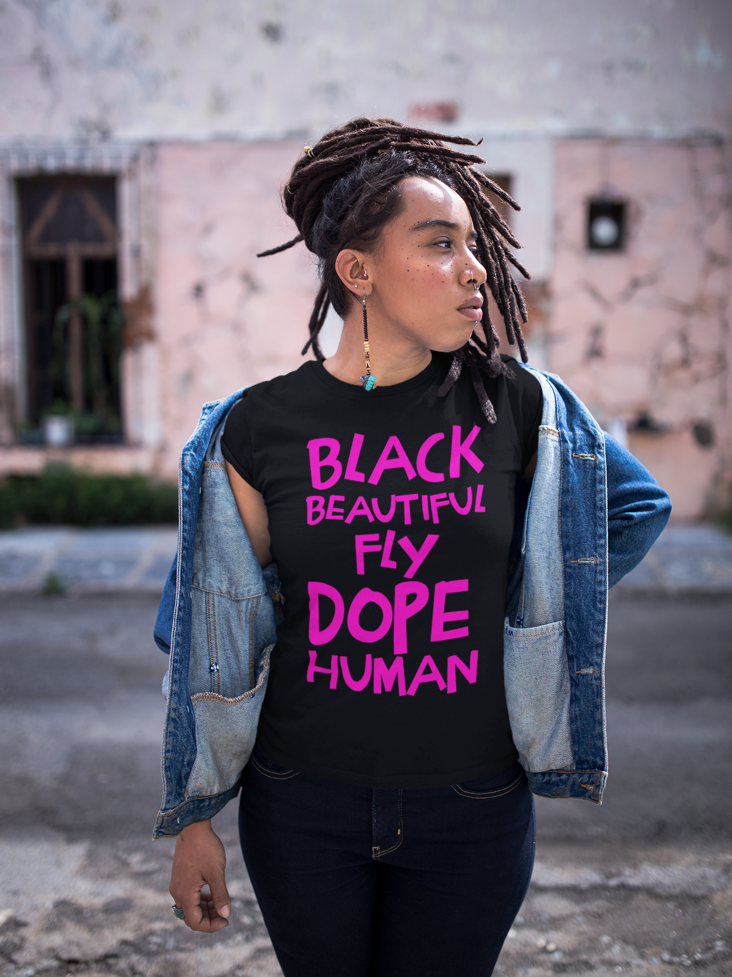 Black Human Women's Off The Shoulder T- Shirt Pink